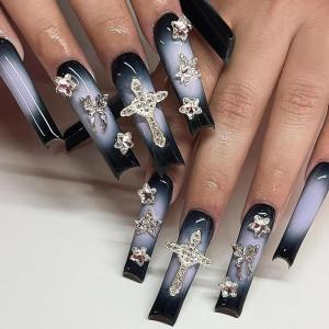 imageBABALAL Press on Nails Long Square Fake Nails Rainbow French Tip Glue on Nails 3D Bear Soft Candy Charm Acrylic Nails Heart False Nails 24Pcs Squoval Cute Summer Manicure Stick on NailsANV06