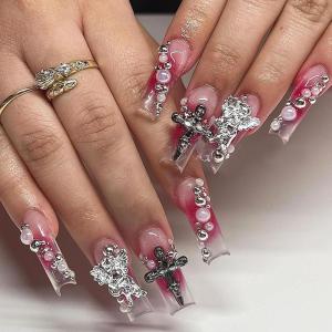 imageBABALAL Press on Nails Long Square Fake Nails Rainbow French Tip Glue on Nails 3D Bear Soft Candy Charm Acrylic Nails Heart False Nails 24Pcs Squoval Cute Summer Manicure Stick on NailsANV01