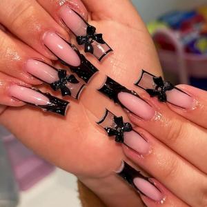 imageBABALAL Press on Nails Long Square Fake Nails Rainbow French Tip Glue on Nails 3D Bear Soft Candy Charm Acrylic Nails Heart False Nails 24Pcs Squoval Cute Summer Manicure Stick on NailsANV05