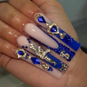 imageBABALAL Press on Nails Long Square Fake Nails Rainbow French Tip Glue on Nails 3D Bear Soft Candy Charm Acrylic Nails Heart False Nails 24Pcs Squoval Cute Summer Manicure Stick on NailsANV06blue