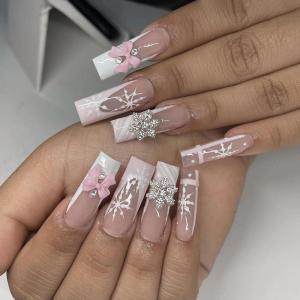 imageBABALAL Press on Nails Long Square Fake Nails Rainbow French Tip Glue on Nails 3D Bear Soft Candy Charm Acrylic Nails Heart False Nails 24Pcs Squoval Cute Summer Manicure Stick on NailsANV18