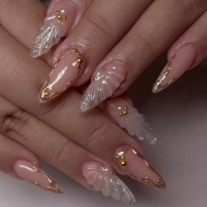 imageBABALAL Press on Nails Medium Almond Fake Nails Beach Glue on Nails Blue Pink Flower Acrylic Nails 3D Texture False Nails Summer False Nails 30Pcs Custom Stiletto Handmade Diy Nails for Women GirlsBNH23