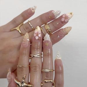 imageBABALAL Press on Nails Medium Almond Fake Nails Beach Glue on Nails Blue Pink Flower Acrylic Nails 3D Texture False Nails Summer False Nails 30Pcs Custom Stiletto Handmade Diy Nails for Women GirlsBNH25