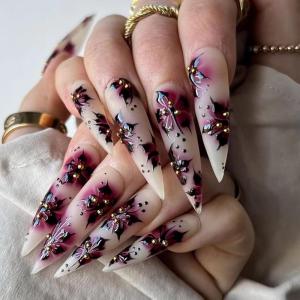 imageBABALAL Press on Nails Medium Almond Fake Nails Beach Glue on Nails Blue Pink Flower Acrylic Nails 3D Texture False Nails Summer False Nails 30Pcs Custom Stiletto Handmade Diy Nails for Women GirlsBNH16gothic