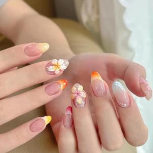 imageBABALAL Press on Nails Medium Almond Fake Nails Beach Glue on Nails Blue Pink Flower Acrylic Nails 3D Texture False Nails Summer False Nails 30Pcs Custom Stiletto Handmade Diy Nails for Women GirlsBNH20