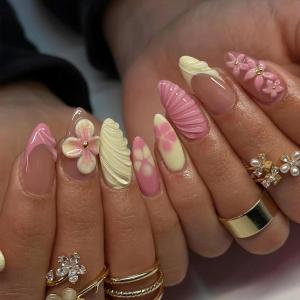 imageBABALAL Press on Nails Medium Almond Fake Nails Beach Glue on Nails Blue Pink Flower Acrylic Nails 3D Texture False Nails Summer False Nails 30Pcs Custom Stiletto Handmade Diy Nails for Women GirlsBNH07