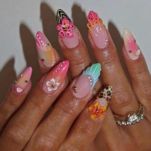 imageBABALAL Press on Nails Medium Almond Fake Nails Beach Glue on Nails Blue Pink Flower Acrylic Nails 3D Texture False Nails Summer False Nails 30Pcs Custom Stiletto Handmade Diy Nails for Women GirlsBNH02