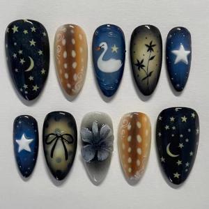 imageBABALAL Press on Nails Medium Almond Fake Nails Beach Glue on Nails Blue Pink Flower Acrylic Nails 3D Texture False Nails Summer False Nails 30Pcs Custom Stiletto Handmade Diy Nails for Women GirlsBNH10