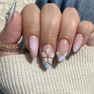 imageBABALAL Press on Nails Medium Almond Fake Nails Beach Glue on Nails Blue Pink Flower Acrylic Nails 3D Texture False Nails Summer False Nails 30Pcs Custom Stiletto Handmade Diy Nails for Women GirlsBNH18