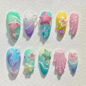 imageBABALAL Press on Nails Medium Almond Fake Nails Beach Glue on Nails Blue Pink Flower Acrylic Nails 3D Texture False Nails Summer False Nails 30Pcs Custom Stiletto Handmade Diy Nails for Women GirlsBNH03