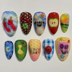 imageBABALAL Press on Nails Medium Almond Fake Nails Beach Glue on Nails Blue Pink Flower Acrylic Nails 3D Texture False Nails Summer False Nails 30Pcs Custom Stiletto Handmade Diy Nails for Women GirlsBNH09