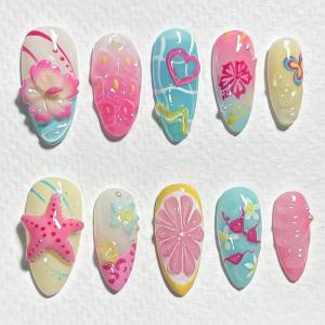 imageBABALAL Press on Nails Medium Almond Fake Nails Beach Glue on Nails Blue Pink Flower Acrylic Nails 3D Texture False Nails Summer False Nails 30Pcs Custom Stiletto Handmade Diy Nails for Women GirlsBNH01
