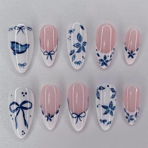 imageBABALAL Press on Nails Medium Almond Fake Nails Blue Glue on Nails Floral Spring Acrylic nails 24pcs Stiletto False Nails Glossy Manicure Stick on Nails Supplies Art Nails for Women and GirlsANY112