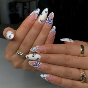imageBABALAL Press on Nails Medium Almond Fake Nails Blue Glue on Nails Floral Spring Acrylic nails 24pcs Stiletto False Nails Glossy Manicure Stick on Nails Supplies Art Nails for Women and GirlsANY122