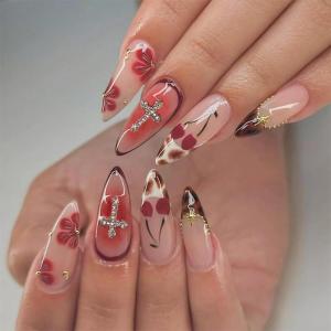 imageBABALAL Press on Nails Medium Almond Fake Nails Blue Glue on Nails Floral Spring Acrylic nails 24pcs Stiletto False Nails Glossy Manicure Stick on Nails Supplies Art Nails for Women and GirlsANY101