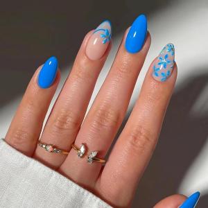 imageBABALAL Press on Nails Medium Almond Fake Nails Blue Glue on Nails Floral Spring Acrylic nails 24pcs Stiletto False Nails Glossy Manicure Stick on Nails Supplies Art Nails for Women and GirlsANY104