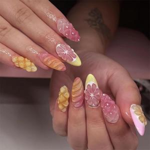 imageBABALAL Press on Nails Medium Almond Fake Nails Pink Yellow French Tip Glue on 3d Texture Orange Lemon Acrylic Nails Cute False Nails Summer Spring Nail Supplies Handmade Stiletto Artificial NailANX03