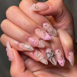 imageBABALAL Press on Nails Medium Almond Fake Nails Pink Yellow French Tip Glue on 3d Texture Orange Lemon Acrylic Nails Cute False Nails Summer Spring Nail Supplies Handmade Stiletto Artificial NailANX08