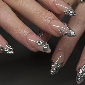 imageBABALAL Press on Nails Medium Almond Fake Nails Pink Yellow French Tip Glue on 3d Texture Orange Lemon Acrylic Nails Cute False Nails Summer Spring Nail Supplies Handmade Stiletto Artificial NailANX01Sliver
