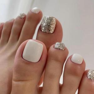 imageBABALAL Press on Toenails Short Pink Toenail Press Ons Square for Women French Tip Press on Toe Nails with Glue Bling Glitter Floral Heart Charm Fake Toenails Supplies 12 Sizes  24Pcs Toenails ArtANjzj219