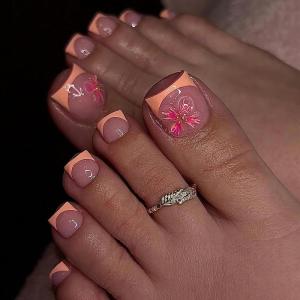 imageBABALAL Press on Toenails Short Pink Toenail Press Ons Square for Women French Tip Press on Toe Nails with Glue Bling Glitter Floral Heart Charm Fake Toenails Supplies 12 Sizes  24Pcs Toenails ArtANjzj211