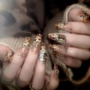 imageBABALAL Square Press on Cheetah French Tip Metallic Ball Charm Y2k Acrylic Flower Squoval Manicure Artificial Nails  24pcsANRb02