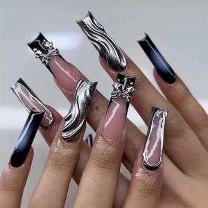 imageBABALAL Square Press on Cheetah French Tip Metallic Ball Charm Y2k Acrylic Flower Squoval Manicure Artificial Nails  24pcsANRb04