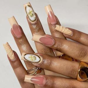imageBABALAL Square Press on Cheetah French Tip Metallic Ball Charm Y2k Acrylic Flower Squoval Manicure Artificial Nails  24pcsANRb06