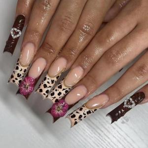 imageBABALAL Square Press on Cheetah French Tip Metallic Ball Charm Y2k Acrylic Flower Squoval Manicure Artificial Nails  24pcsANRb07