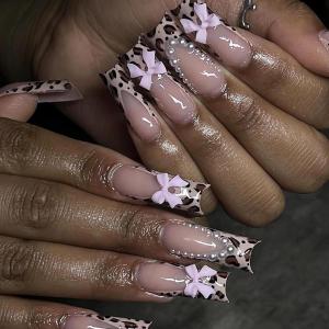 imageBABALAL Square Press on Cheetah French Tip Metallic Ball Charm Y2k Acrylic Flower Squoval Manicure Artificial Nails  24pcsANRb10