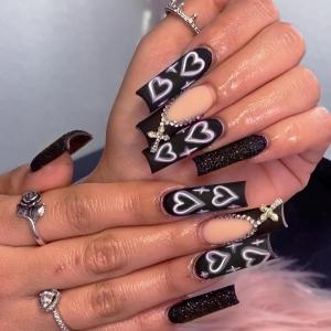 imageBABALAL Square Press on Cheetah French Tip Metallic Ball Charm Y2k Acrylic Flower Squoval Manicure Artificial Nails  24pcsANRb11