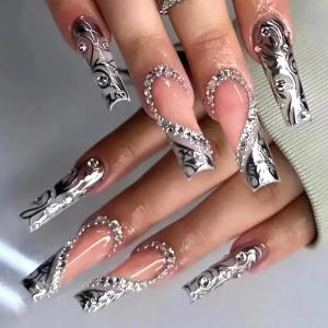 imageBABALAL Square Press on Cheetah French Tip Metallic Ball Charm Y2k Acrylic Flower Squoval Manicure Artificial Nails  24pcsANRb14