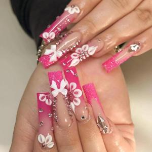 imageBABALAL Square Press on Cheetah French Tip Metallic Ball Charm Y2k Acrylic Flower Squoval Manicure Artificial Nails  24pcsANRb16