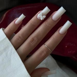 imageBABALAL Square Press on Cheetah French Tip Metallic Ball Charm Y2k Acrylic Flower Squoval Manicure Artificial Nails  24pcsANRb17
