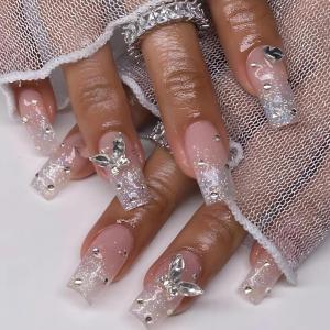 imageBABALAL Square Press on Cheetah French Tip Metallic Ball Charm Y2k Acrylic Flower Squoval Manicure Artificial Nails  24pcsANRb21