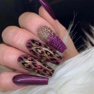 imageBABALAL Square Press on Cheetah French Tip Metallic Ball Charm Y2k Acrylic Flower Squoval Manicure Artificial Nails  24pcsANRb24