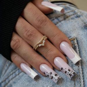 imageBABALAL Square Press on Cheetah French Tip Metallic Ball Charm Y2k Acrylic Flower Squoval Manicure Artificial Nails  24pcsANRb25