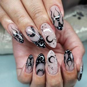 imageBABALAL Stiletto PressOn Nails  24Pc Almond Thick fake Nails GlueOns Brown Black Glitter Bling Acrylic Fall False NailsAND22