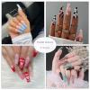 imageBABALAL Coffin Press on Nails Cute Acrylic Nails Long Ballerina Fake Nails Glossy Blue Pink Glue on Nails 3D Heart Charm Design for Women and GirlsCRJL20