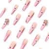 imageBABALAL Coffin Press on Nails Cute Acrylic Nails Long Ballerina Fake Nails Glossy Blue Pink Glue on Nails 3D Heart Charm Design for Women and GirlsCRJL09