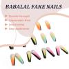 imageBABALAL Coffin Press on Nails Cute Acrylic Nails Long Ballerina Fake Nails Glossy Blue Pink Glue on Nails 3D Heart Charm Design for Women and GirlsCRJL11