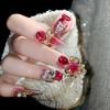 imageBABALAL Long Square Press on Nails French Tip Fake Nails Red Sliver False Nails with Bow Rhinestone Charm Designs Long Square Nail Press ons Sparkly Bling Nails Supplies Stick on Nails for Women 24PcsBNB111