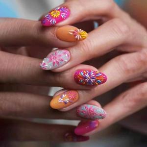 imageBABALAL Almond Press on Nails Medium  Orange Summer Fake Nails 3D Texture Design Floral Handmade Acrylic Nails Supplies 24Pcs Stiletto Manicure Stick on False Nails Art Artificial NailsBNE203