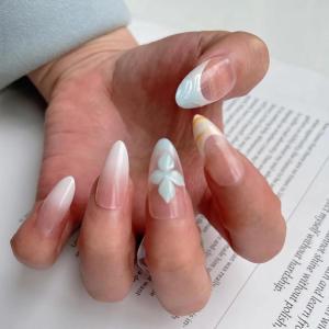 imageBABALAL Almond Press on Nails Medium  Orange Summer Fake Nails 3D Texture Design Floral Handmade Acrylic Nails Supplies 24Pcs Stiletto Manicure Stick on False Nails Art Artificial NailsBNE217