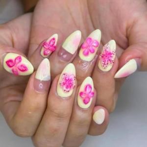 imageBABALAL Almond Press on Nails Medium  Orange Summer Fake Nails 3D Texture Design Floral Handmade Acrylic Nails Supplies 24Pcs Stiletto Manicure Stick on False Nails Art Artificial NailsBNE213