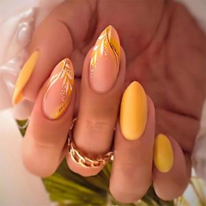 imageBABALAL Almond Press on Nails Medium  Orange Summer Fake Nails 3D Texture Design Floral Handmade Acrylic Nails Supplies 24Pcs Stiletto Manicure Stick on False Nails Art Artificial NailsBNE207