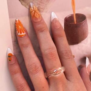 imageBABALAL Almond Press on Nails Medium  Orange Summer Fake Nails 3D Texture Design Floral Handmade Acrylic Nails Supplies 24Pcs Stiletto Manicure Stick on False Nails Art Artificial NailsBNE210
