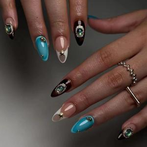 imageBABALAL Beach Press on Nails Medium Almond Fake Nails Blue French Tip False Nails with 3D Shell Star Charm Designs Pearl White Nail Press ons Glossy Glue on Nails Cute Stick on Nails for Women 24PcsBNc105