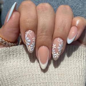 imageBABALAL Beach Press on Nails Medium Almond Fake Nails Blue French Tip False Nails with 3D Shell Star Charm Designs Pearl White Nail Press ons Glossy Glue on Nails Cute Stick on Nails for Women 24PcsBNc111
