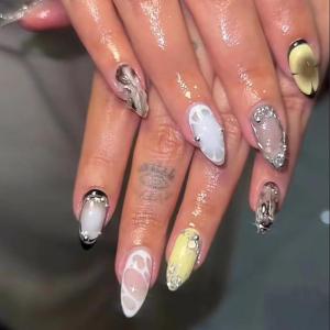 imageBABALAL Beach Press on Nails Medium Almond Fake Nails Blue French Tip False Nails with 3D Shell Star Charm Designs Pearl White Nail Press ons Glossy Glue on Nails Cute Stick on Nails for Women 24PcsBNc120